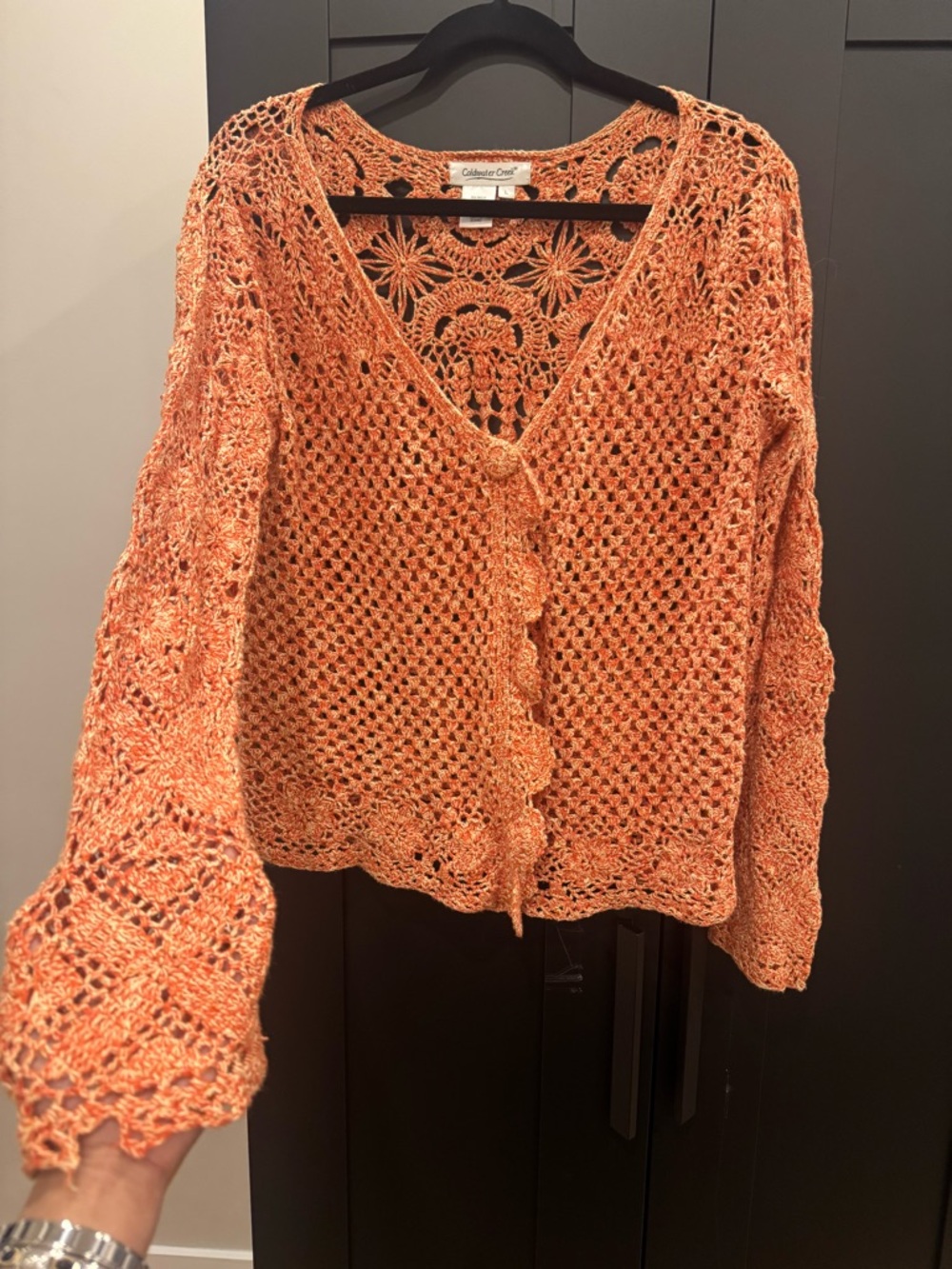 Coldwater Creek Crochet Cardigan Sweater. Orange Boho Open Knit. sz L